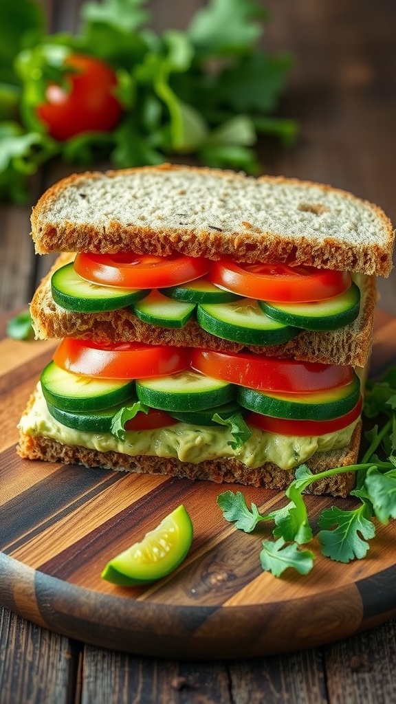 Fresh and Flavorful Natural Vegetable Sandwich Recipe A fresh vegetable sandwich with avocado, cucumber, tomato, and lettuce on whole grain bread, displayed on a wooden board.